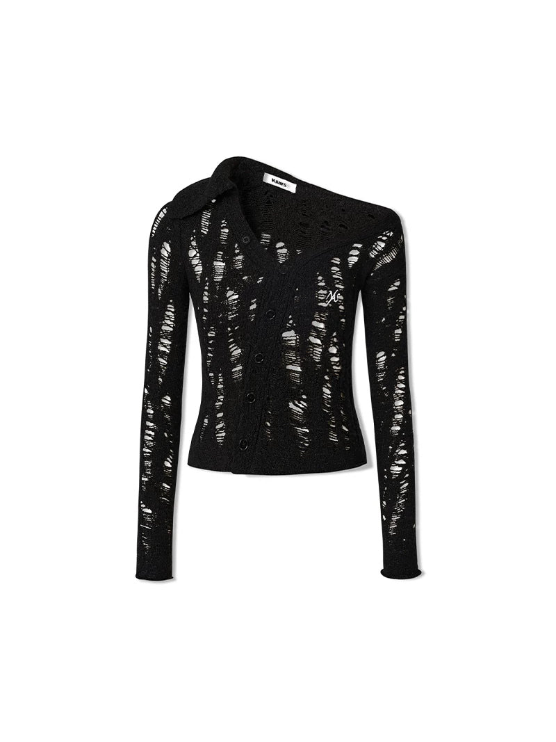 NAWS NOMAD asymmetric cutout knit cardigan — Night Black asymmetric cutout knit cardigan, front product view