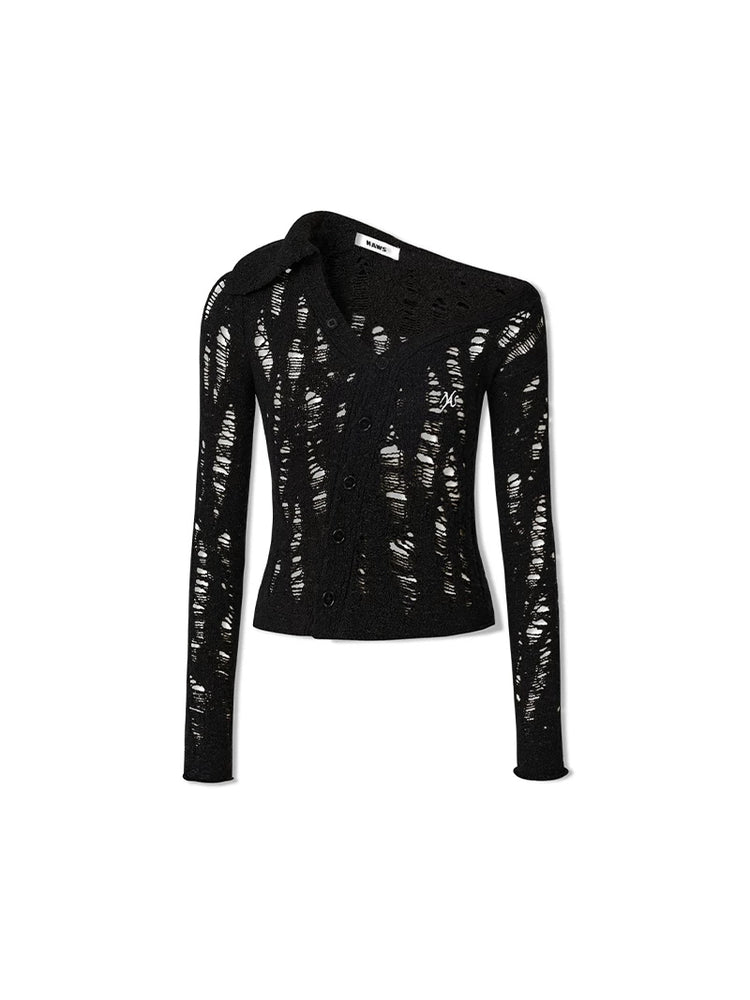 NAWS NOMAD asymmetric cutout knit cardigan — Night Black asymmetric cutout knit cardigan, front product view