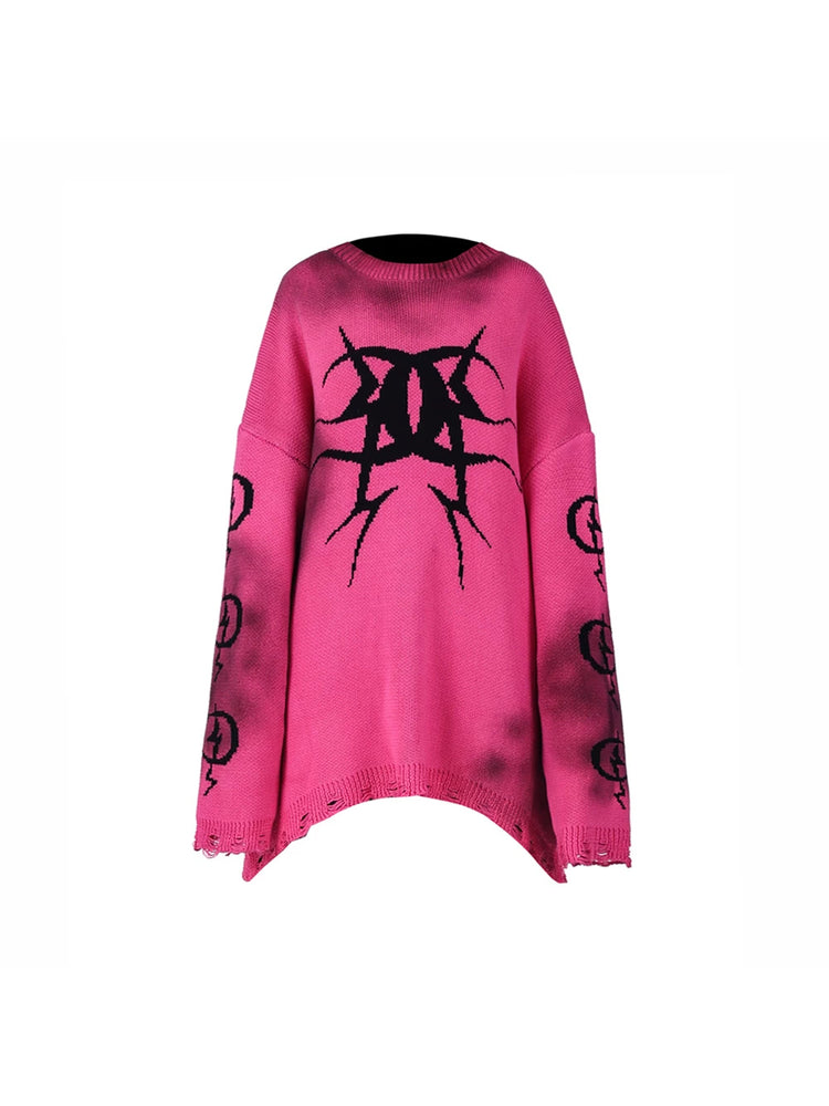 PINKSPINK ELECTRIC MOON graffiti color-block sweater — pink graffiti-motif asymmetric sweater, front product view