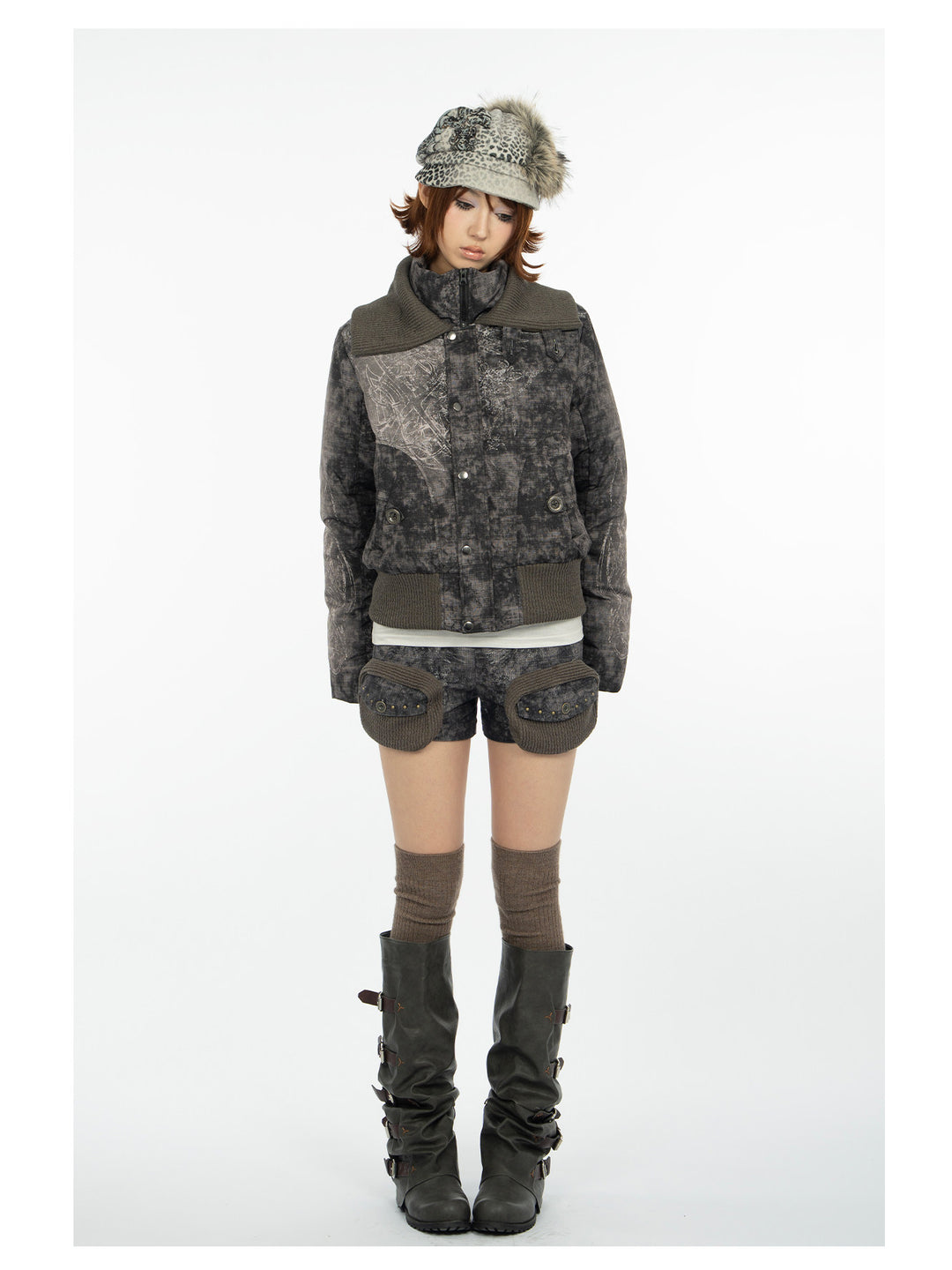4RE1GN MYSTIC STAR knit-pocket corduroy shorts in gray black — full-length modeled view with arms relaxed