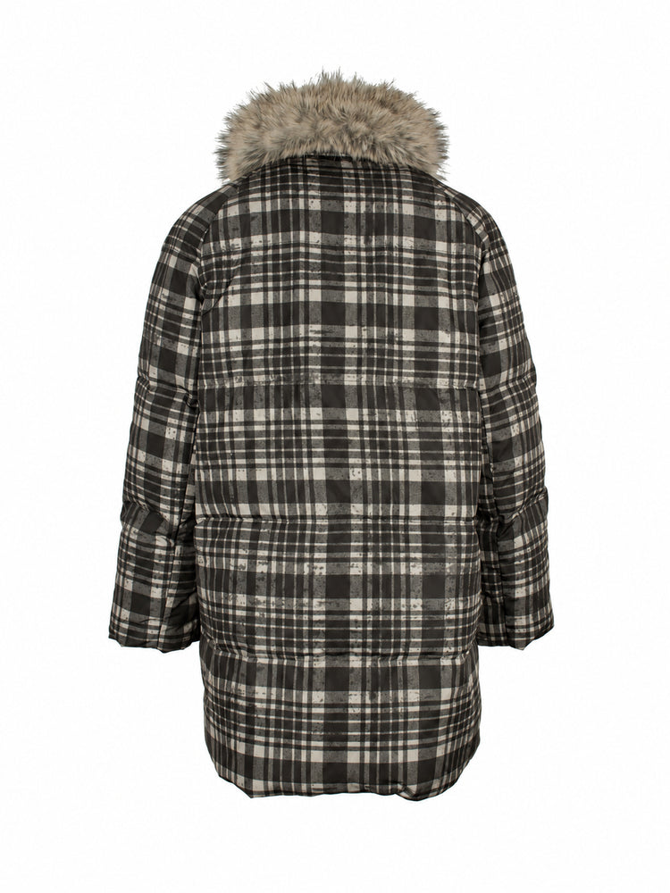4RE1GN BEARHEART plaid long down coat in brown multicolor — back garment-only view showing the furry collar and printed panels