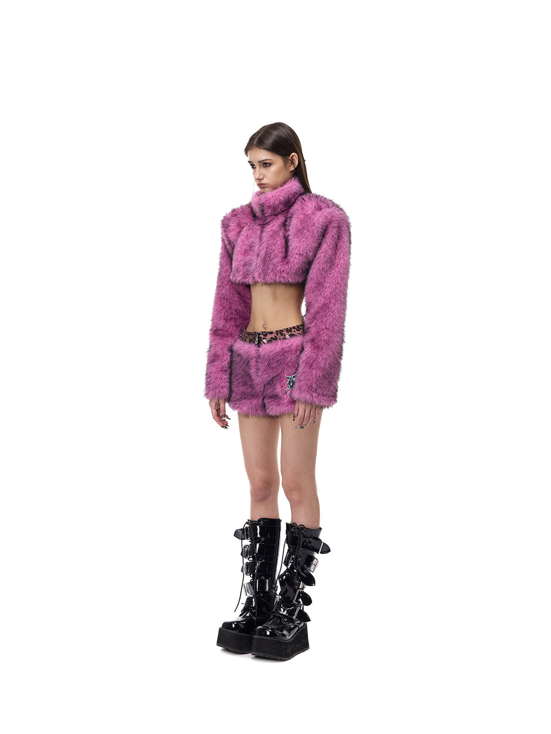 PINKSPINK PINK LEOPARD detachable faux-fur mini skirt — side-front modeled view of the pink faux-fur configuration