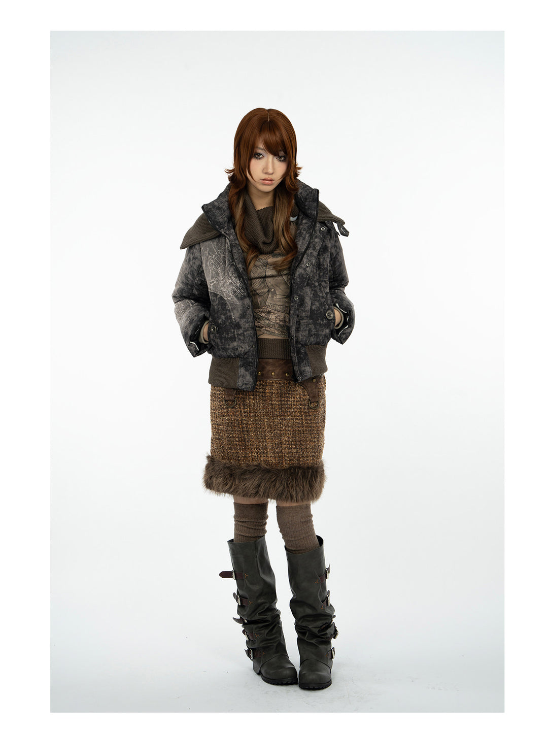 4RE1GN MYSTIC STAR knit-collar down jacket in gray multicolor — full-length front modeled view with the jacket unfastened