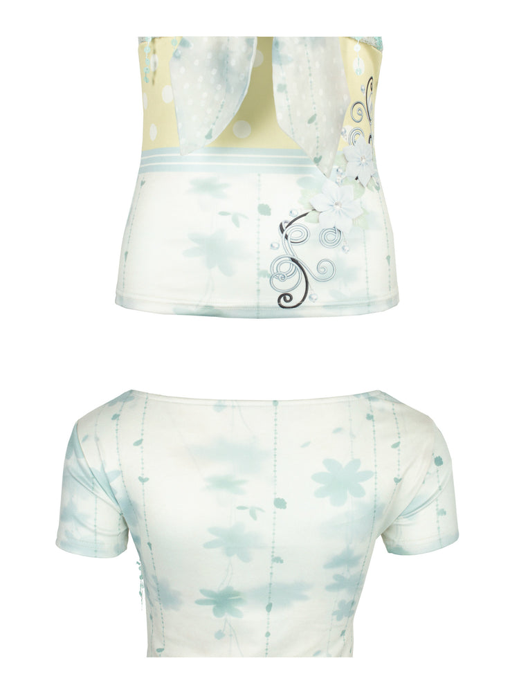 4RE1GN BLUE BLOOM patchwork short-sleeve tee in blue multicolor — detail collage showing the front floral and polka-dot print and the back neckline