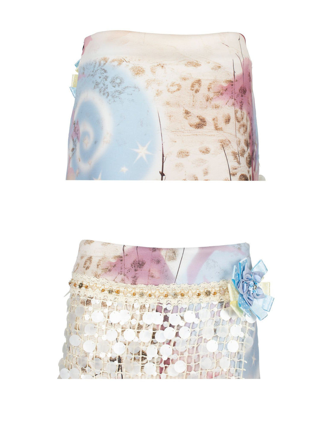 4RE1GN DREAM GARDEN sequin-panel mini skirt in pink multicolor — detail collage showing the printed back panel and ribbon flower with sequins
