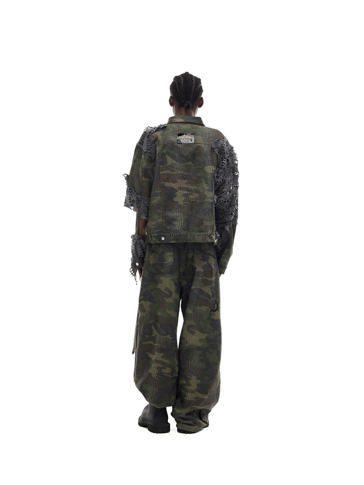PINKSPINK ELECTRIC MOON distressed camouflage denim jacket — back full-length modeled view without the olive hood