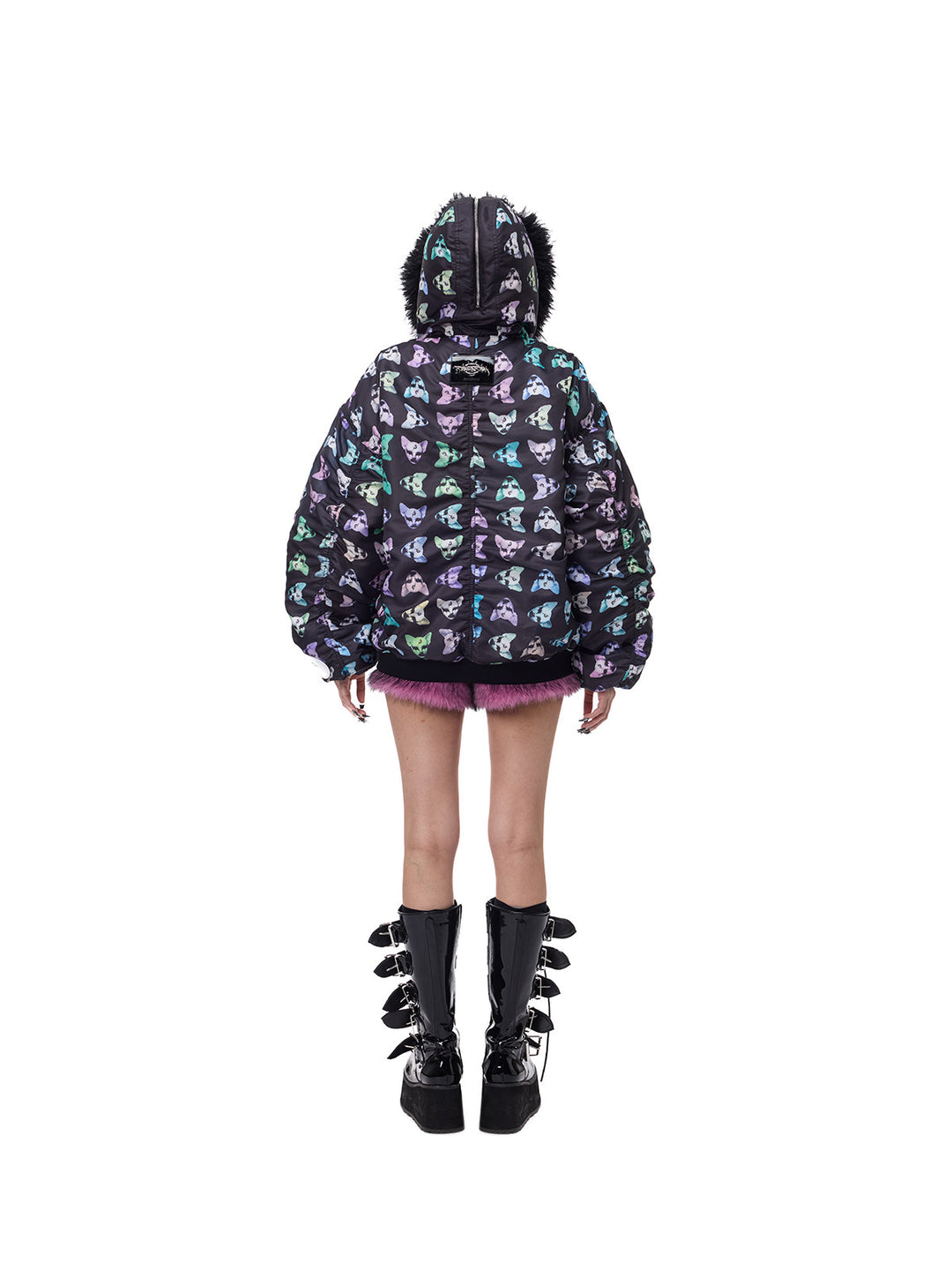 PINKSPINK CAT ALIEN faux-fur collar padded jacket — back full-length modeled view with the hood up and platform boots