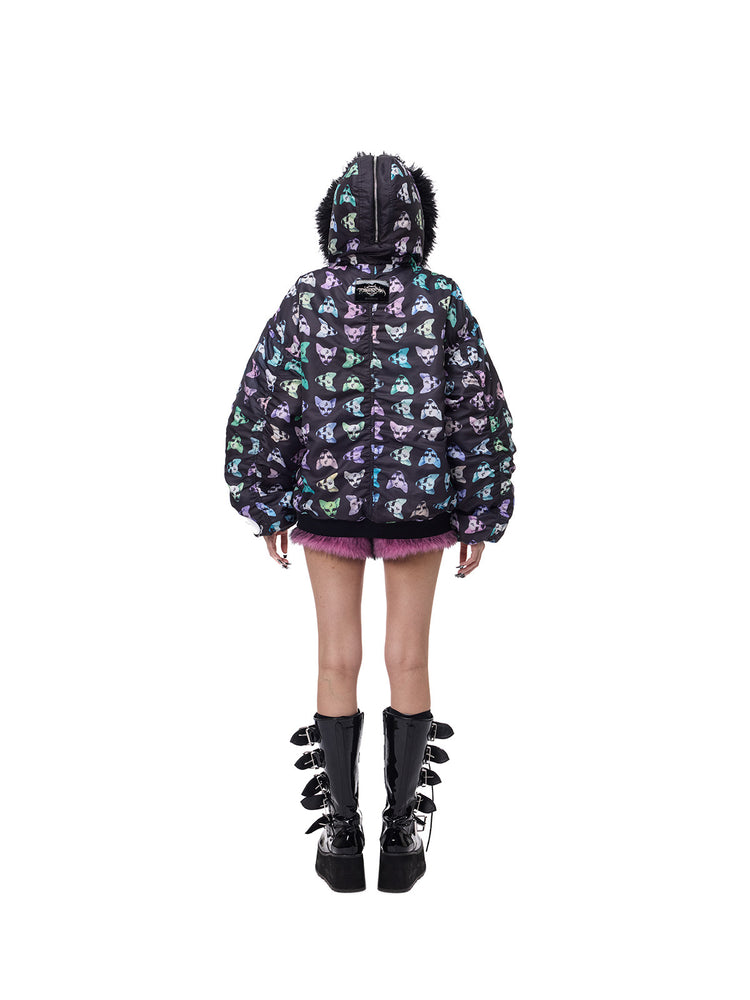 PINKSPINK CAT ALIEN faux-fur collar padded jacket — back full-length modeled view with the hood up and platform boots