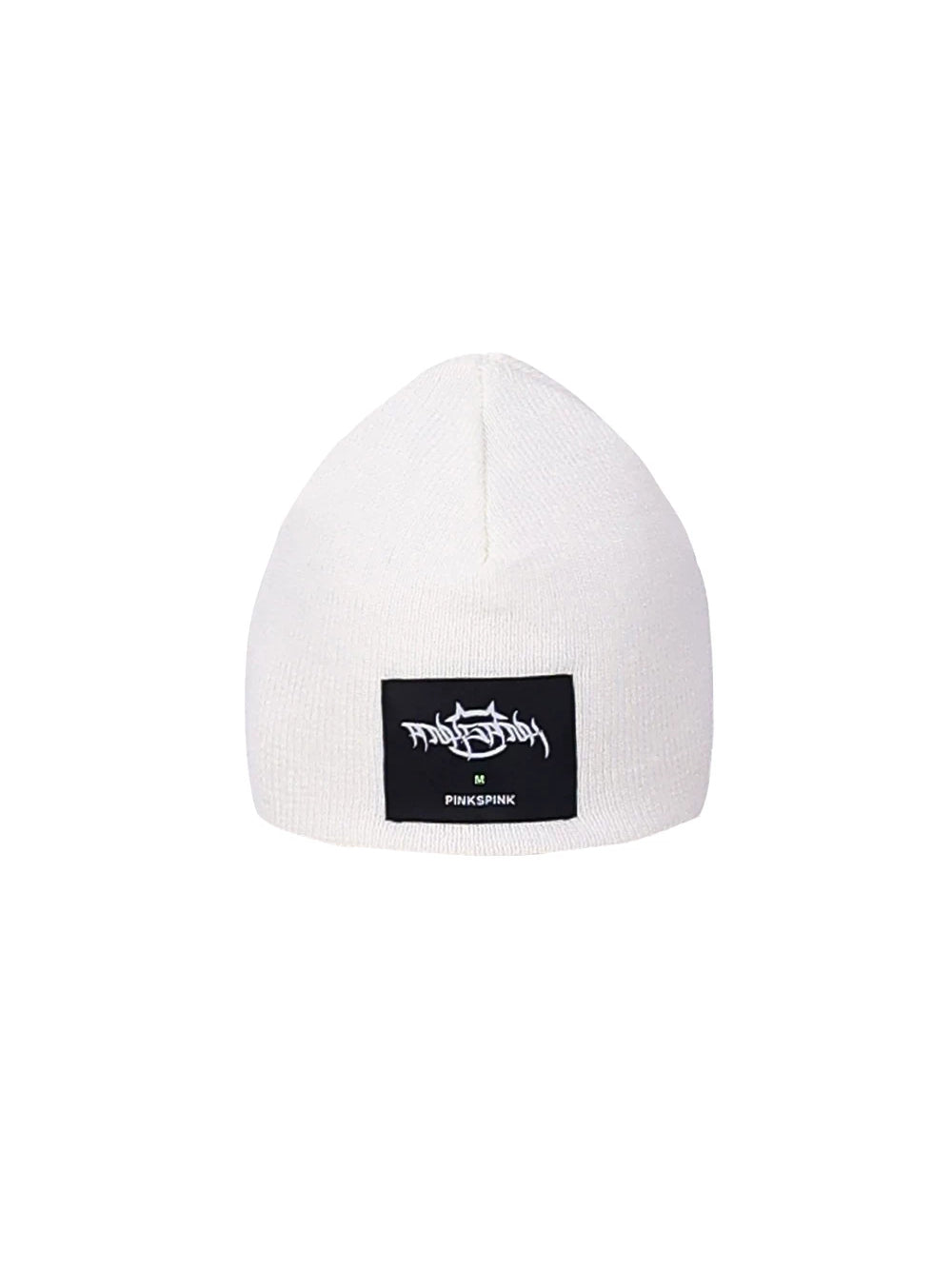 PINKSPINK GALAXY LIGHTNING logo knit beanie — white knit beanie with black label patch, product-only view