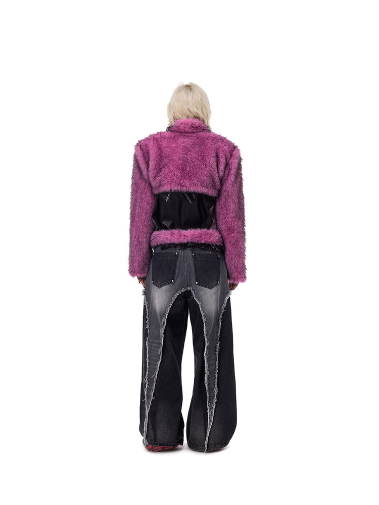PINKSPINK ELECTRIC MOON gradient faux-fur cropped jacket — back full-length modeled view styled with wide-leg jeans