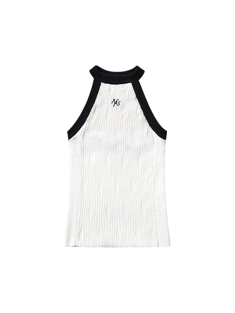 NAWS EQUESTRIAN wool halter vest — vanilla-white wool halter vest with black trim, front product view