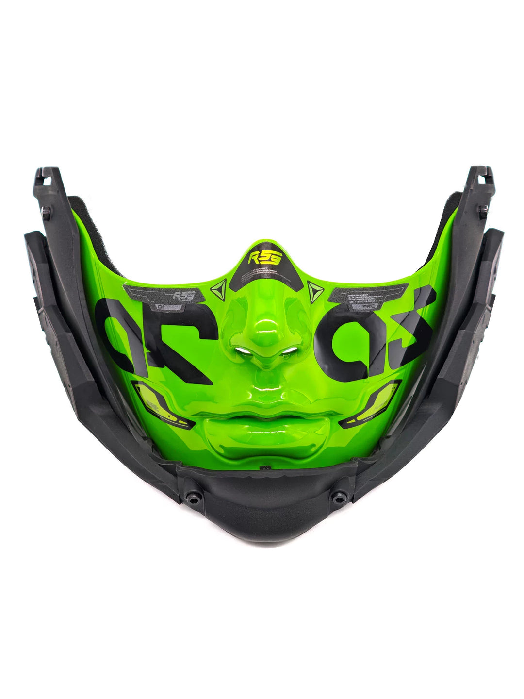 FOCKSHOP smooth-chin mask — small green solo front view with rounded chin and broad strap.