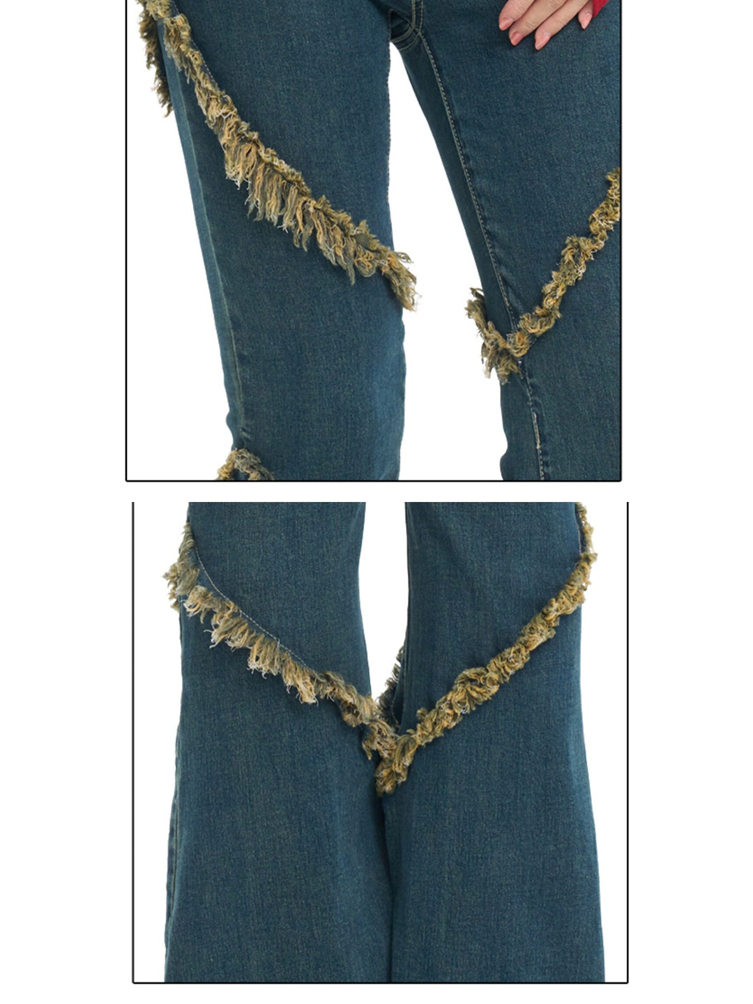 NEXT PASSPORT deep-blue frayed-hem slim flare jeans in denim blue — two close views of the frayed V-panel construction.