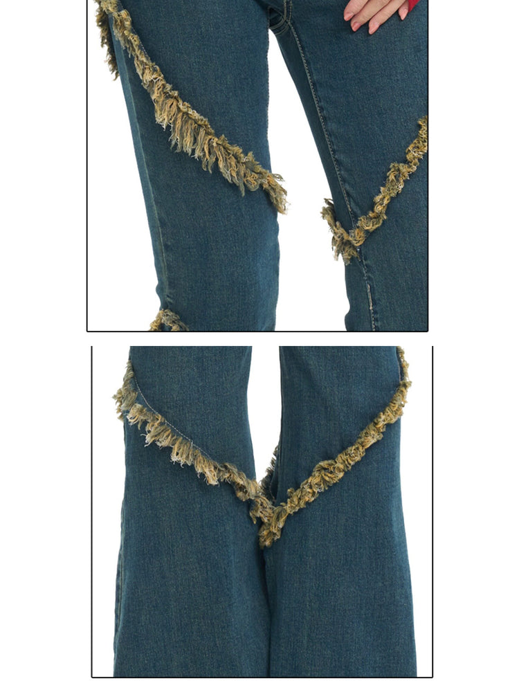 NEXT PASSPORT deep-blue frayed-hem slim flare jeans in denim blue — two close views of the frayed V-panel construction.