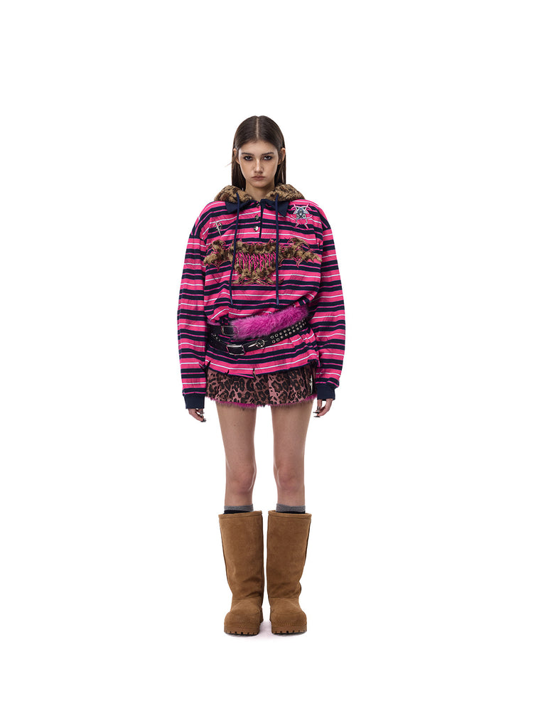 PINKSPINK CAT ALIEN leopard-ear striped hoodie — full-length front modeled view with the hood down and brown boots