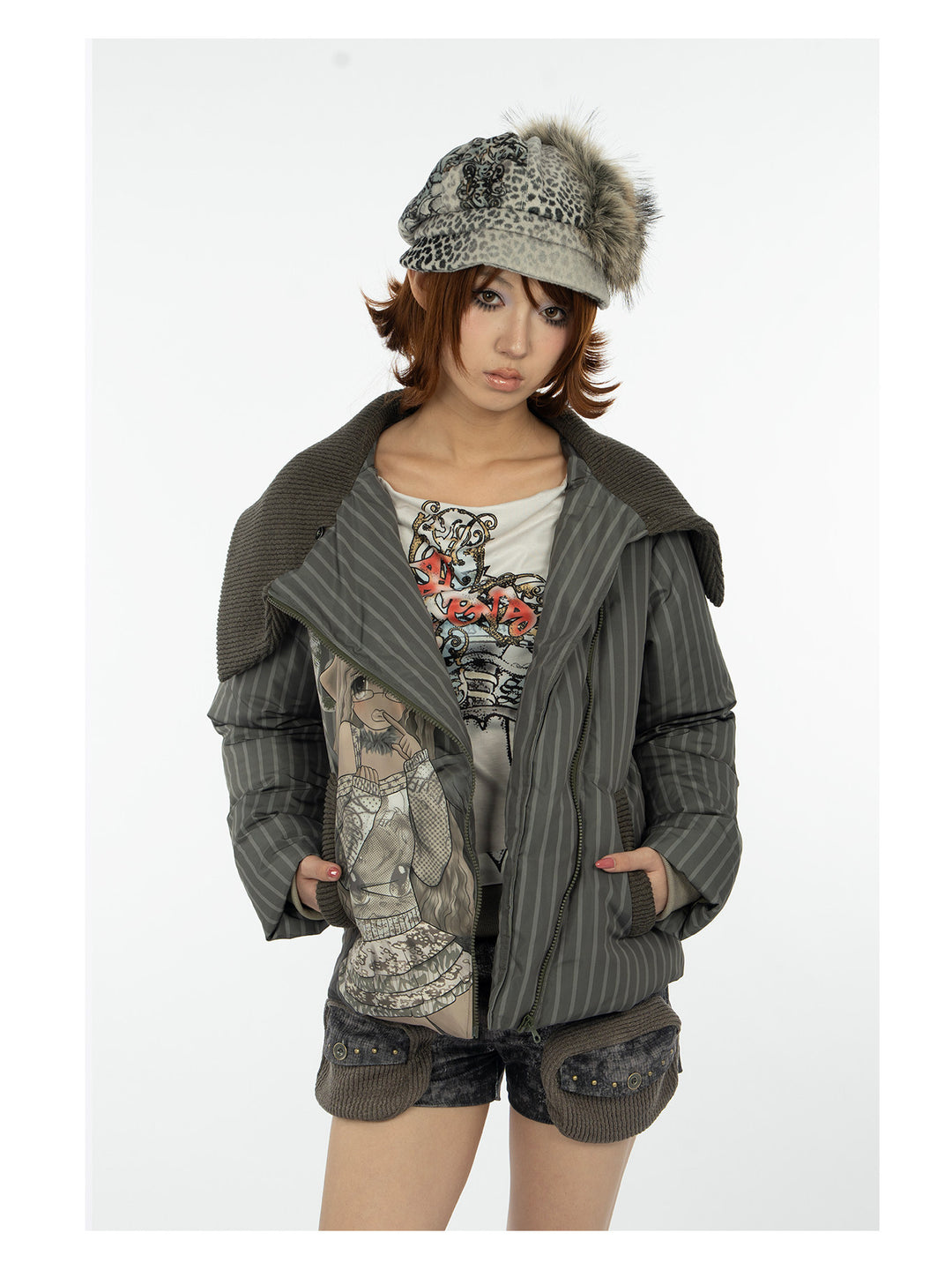 4RE1GN COMIC STRIPE asymmetric-collar down jacket in olive green — close front modeled view with the jacket open and hands in pockets