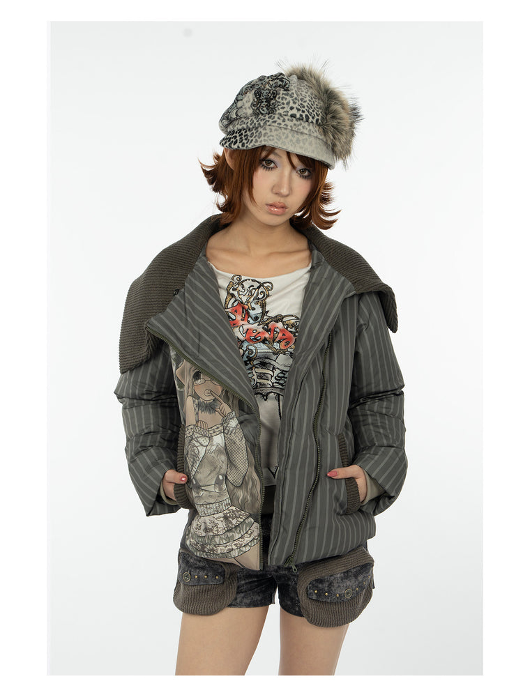 4RE1GN COMIC STRIPE asymmetric-collar down jacket in olive green — close front modeled view with the jacket open and hands in pockets