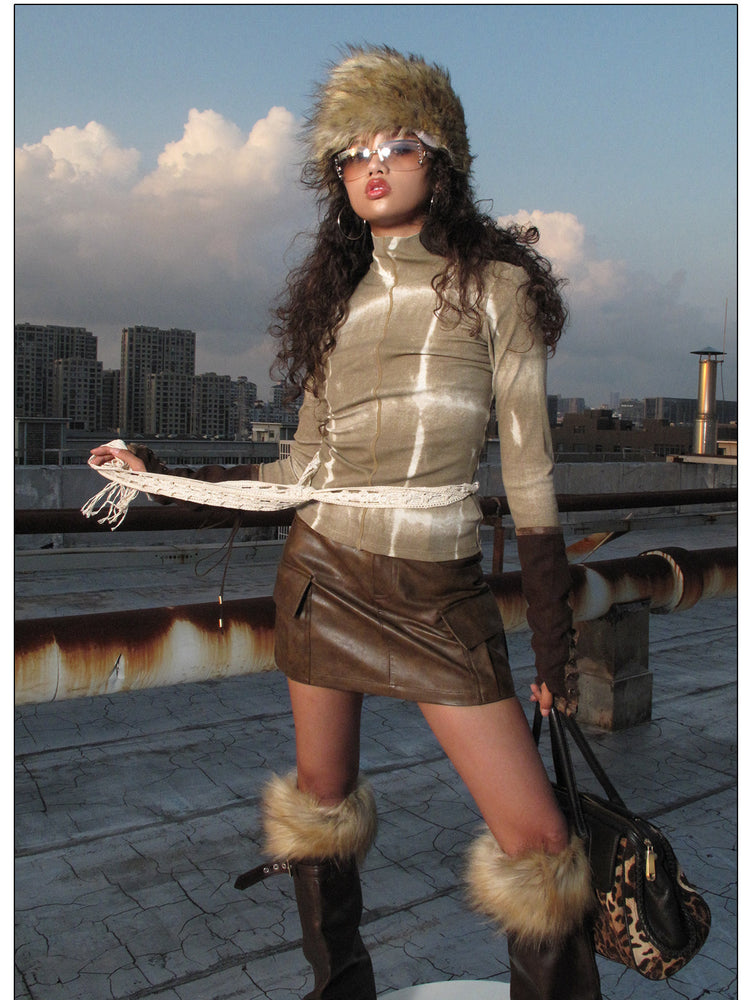 NEXT PASSPORT brown fitted mock-neck long-sleeve tee rooftop full styling view.