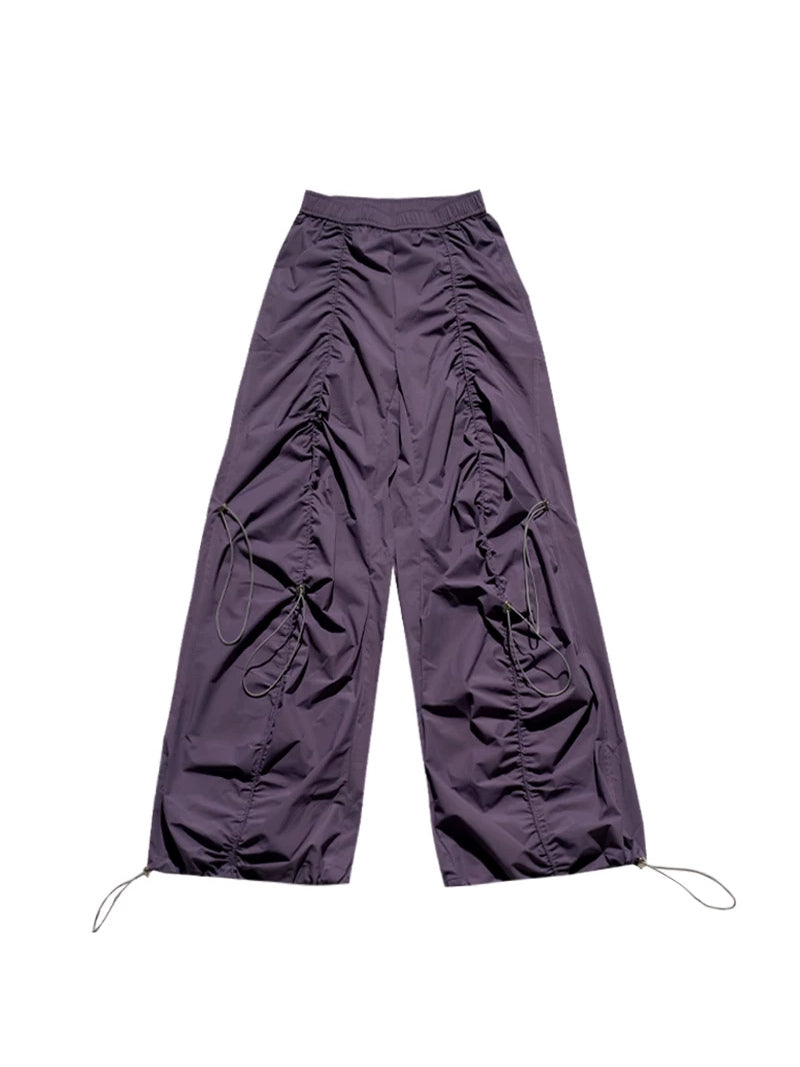 NEXT PASSPORT three-color ruched drawstring wide-leg pants in purple, solo flat lay