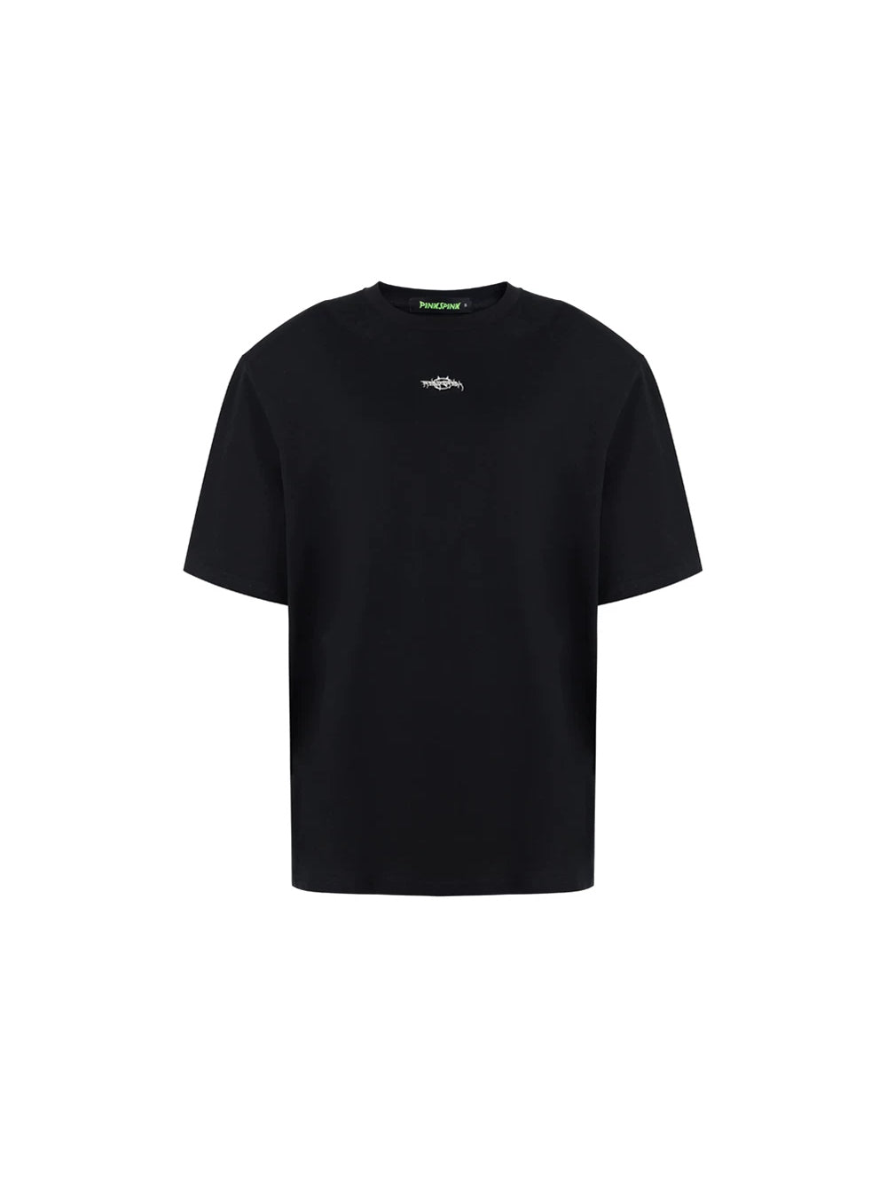 PINKSPINK METAL LOGO padded-shoulder oversized tee — black padded-shoulder oversized tee with metal logo, front product view