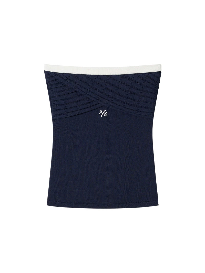 NAWS LACE gathered knit bandeau top — indigo-blue gathered knit bandeau with white trim, front product view