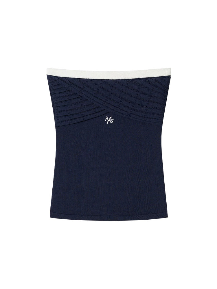 NAWS LACE gathered knit bandeau top — indigo-blue gathered knit bandeau with white trim, front product view