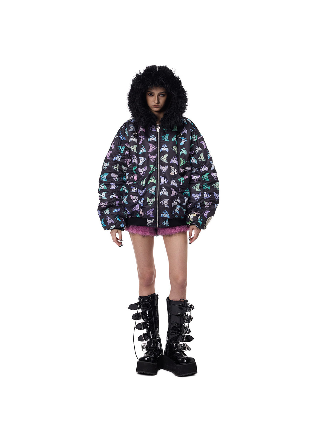 PINKSPINK CAT ALIEN faux-fur collar padded jacket — front modeled view with the jacket zipped and hood raised