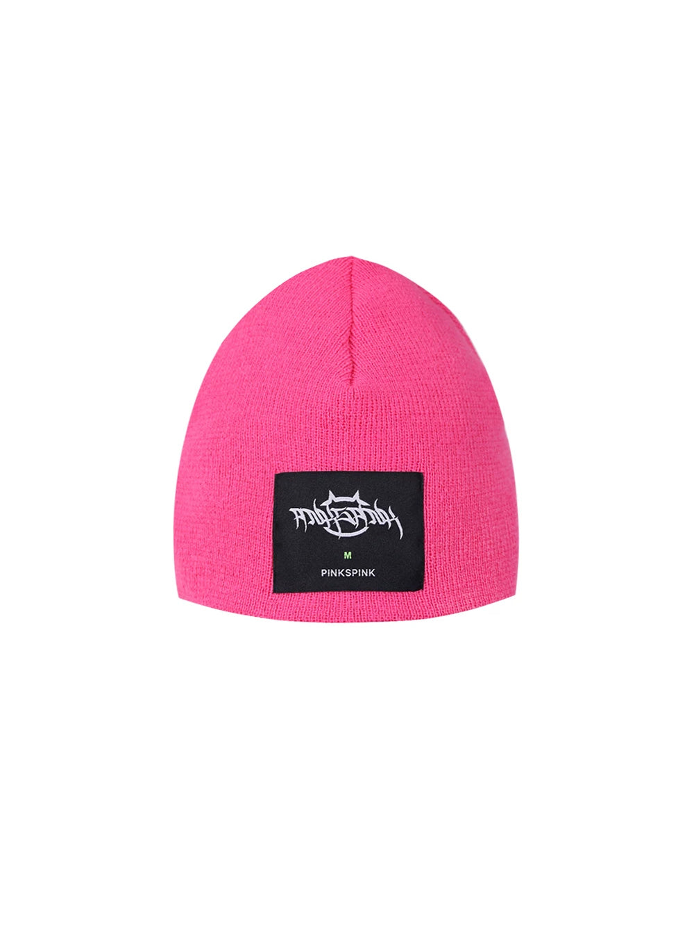 PINKSPINK GALAXY LIGHTNING logo knit beanie — pink knit beanie with black label patch, product-only view