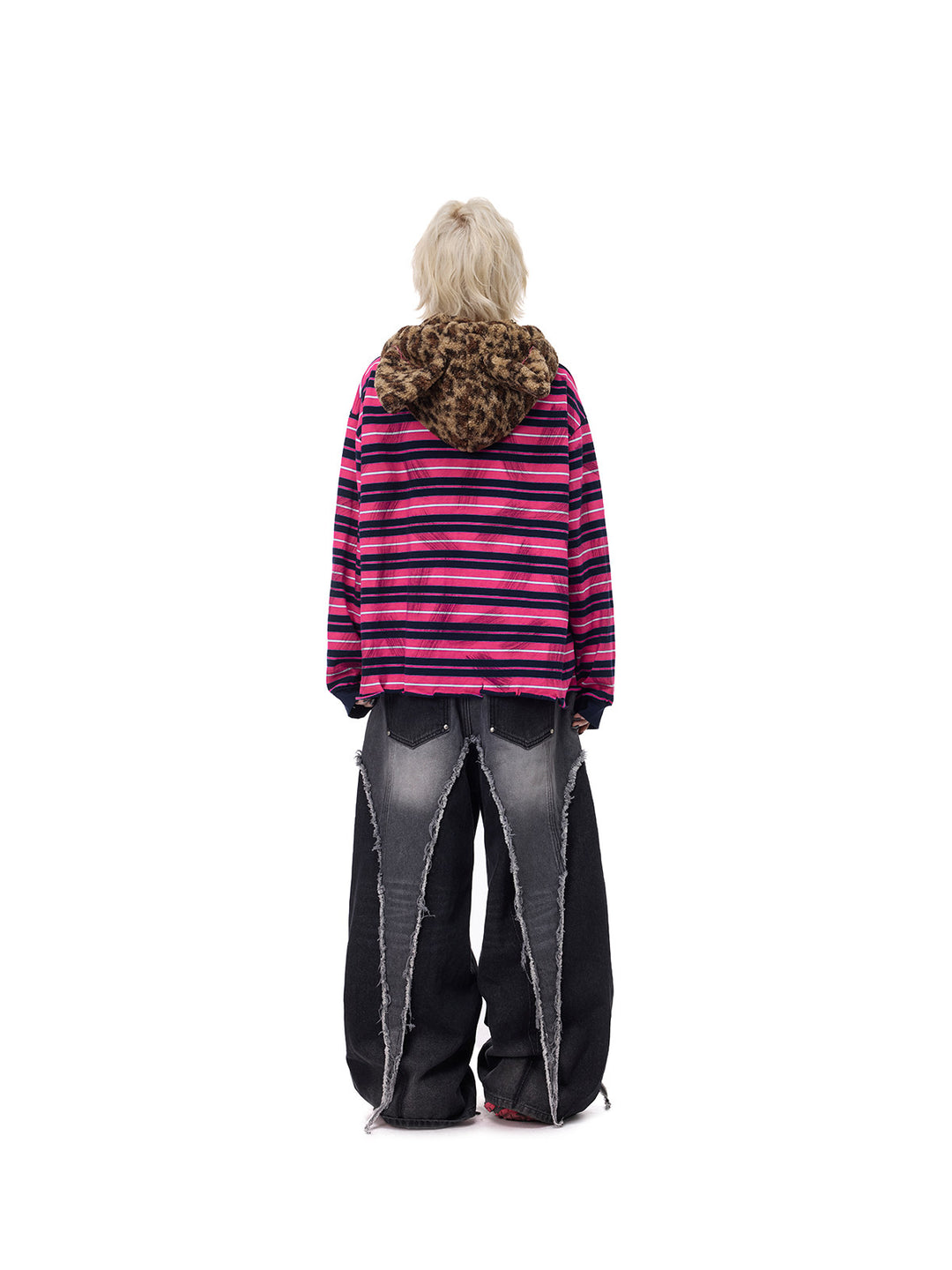 PINKSPINK CAT ALIEN leopard-ear striped hoodie — back full-length modeled view showing the lowered leopard hood