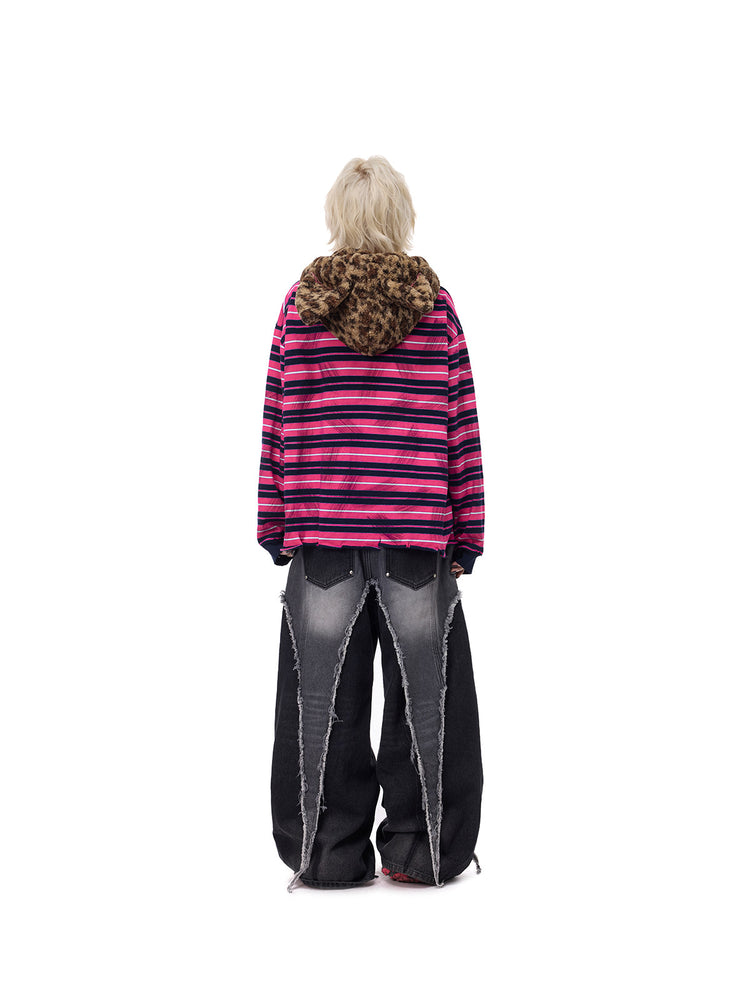 PINKSPINK CAT ALIEN leopard-ear striped hoodie — back full-length modeled view showing the lowered leopard hood