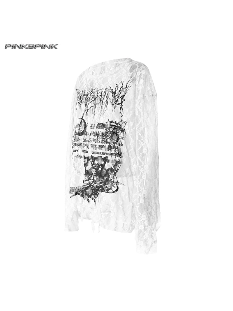 PINKSPINK ELECTRIC MOON thorn-cat distressed lace layering tee — white thorn-cat distressed lace layering tee, angled product view