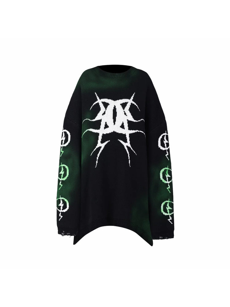PINKSPINK ELECTRIC MOON graffiti color-block sweater — black-and-green graffiti-motif asymmetric sweater, front product view