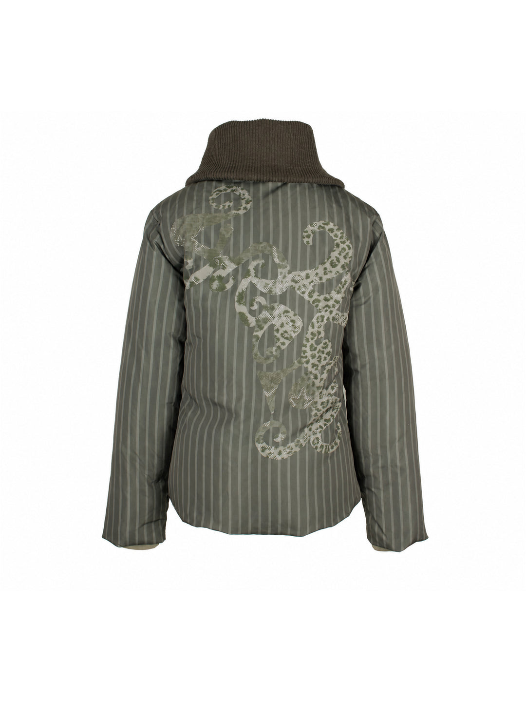 4RE1GN COMIC STRIPE asymmetric-collar down jacket in olive green — back garment-only view showing the ornamental print and knit collar