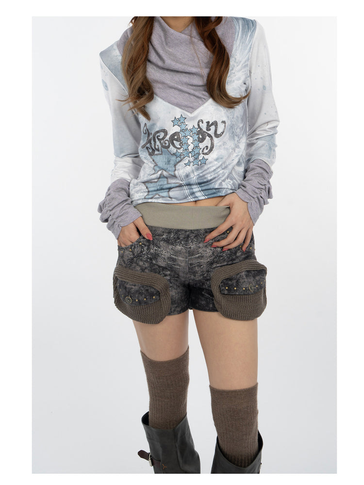 4RE1GN MYSTIC STAR knit-pocket corduroy shorts in gray black — front waist detail showing studs and the elastic ribbed waistband