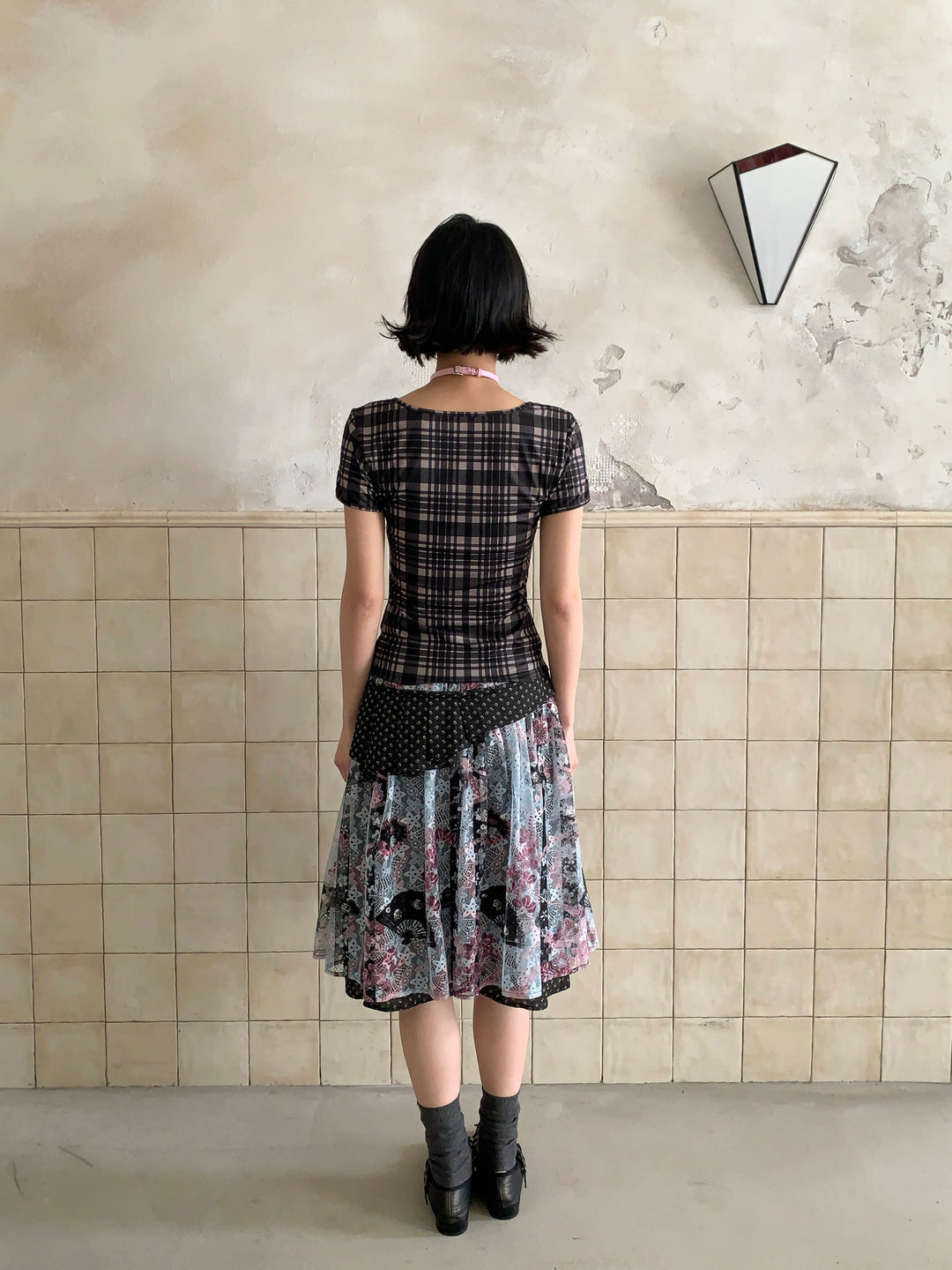 4RE1GN CROSS RIBBON jacquard lace layered skirt in multicolor — full-length back modeled view
