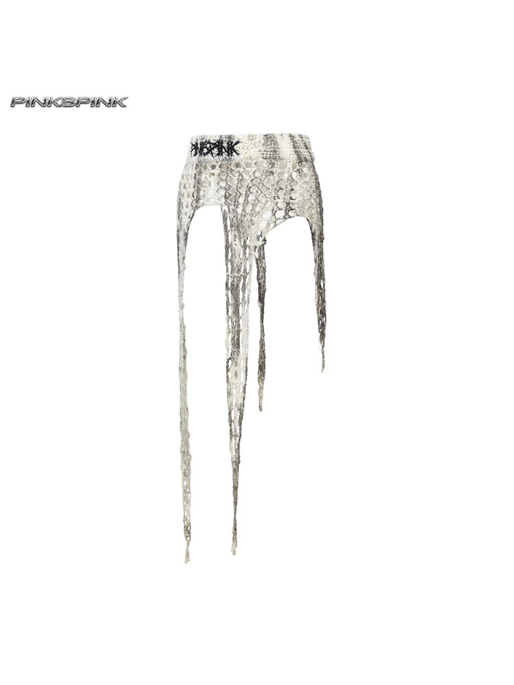 PINKSPINK THORNSTAR open-knit layering skirt — ivory-white open-knit layering skirt with hanging strips, front product view