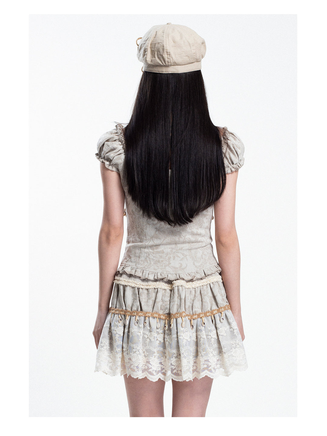 4RE1GN SHELL jacquard blouse and lace skirt separates in ivory — rear modeled view with hair down