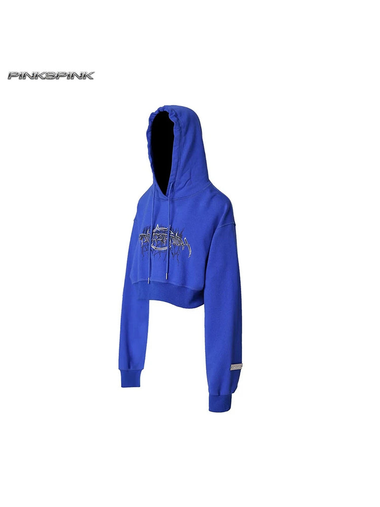 PINKSPINK THORN SIGNAL open-back cropped hoodie — Klein-blue cropped hoodie, angled product view
