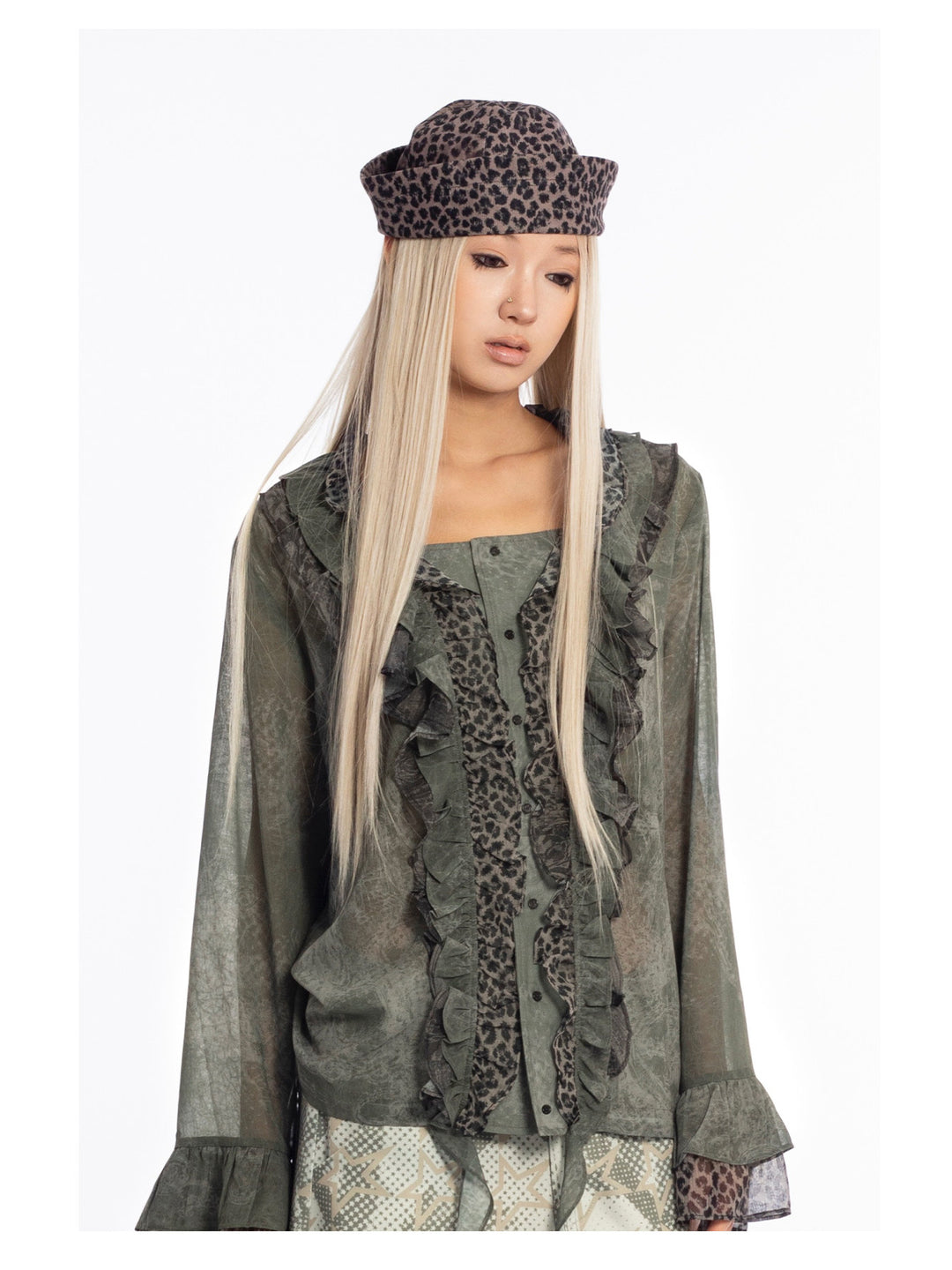 4RE1GN MYSTIC printed brimless hat — brown leopard print — three-quarter studio modeled view