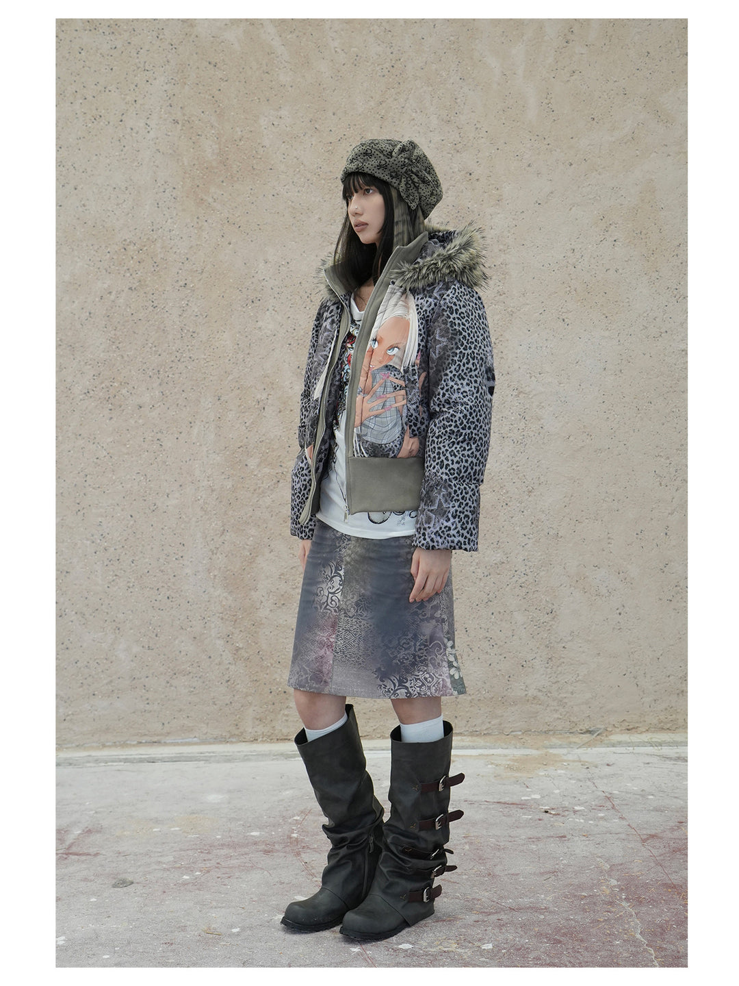 4RE1GN NAILS DONE leopard graphic down jacket in gray multicolor — full-length three-quarter modeled view with the jacket open