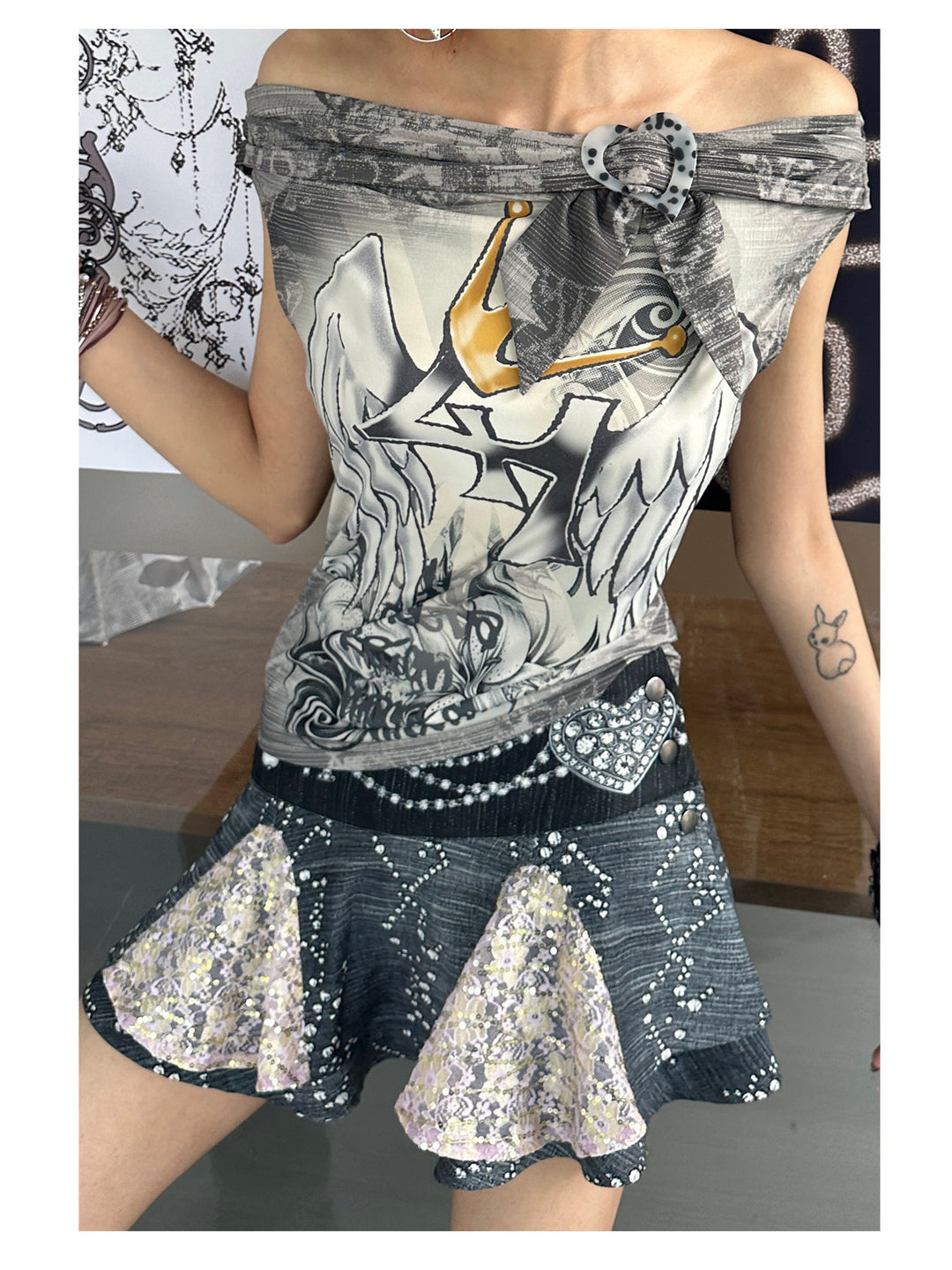 4RE1GN JEWEL denim-print lace mini skirt in black multicolor — close angled front view showing the lace panel texture