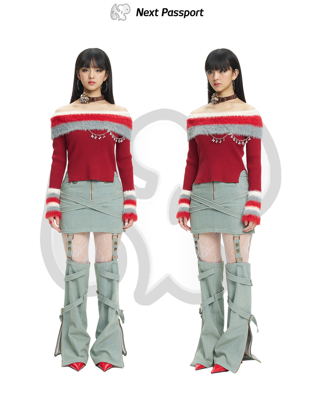 Next Passport red faux-fur collar knit pullover two-way neckline styling