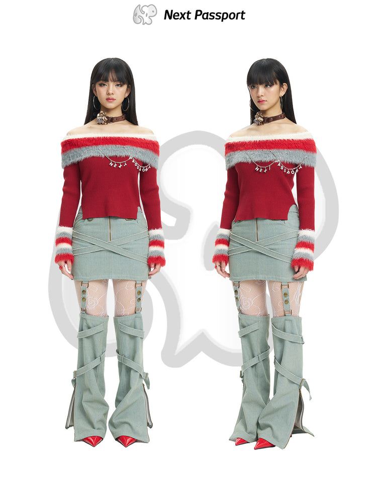 Next Passport red faux-fur collar knit pullover two-way neckline styling
