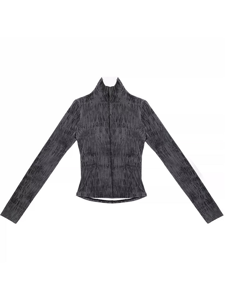 NEXT PASSPORT dark gray fitted mock-neck long-sleeve tee isolated flat-lay.