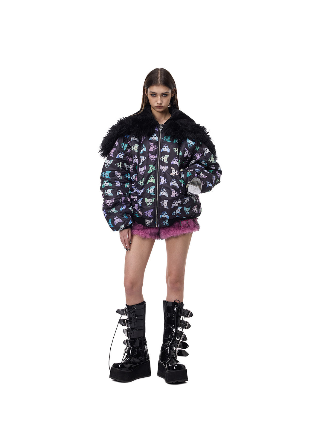 PINKSPINK CAT ALIEN faux-fur collar padded jacket — front modeled view with one hand at the waist and the hood down