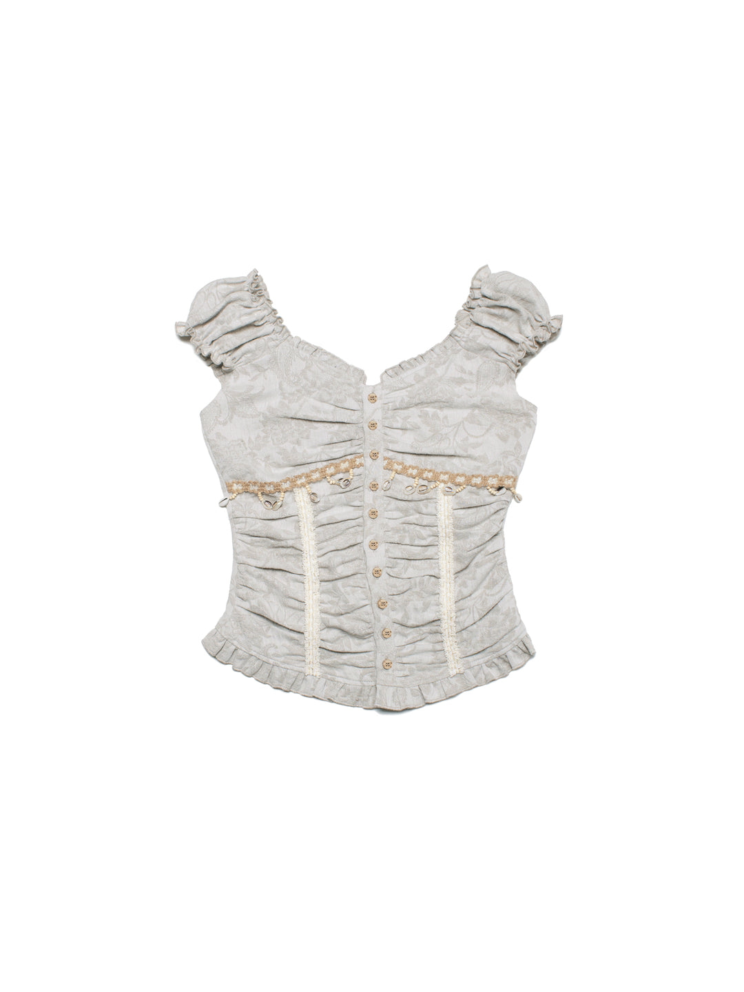 4RE1GN SHELL jacquard blouse and lace skirt separates in ivory — front garment-only view of the button-front blouse