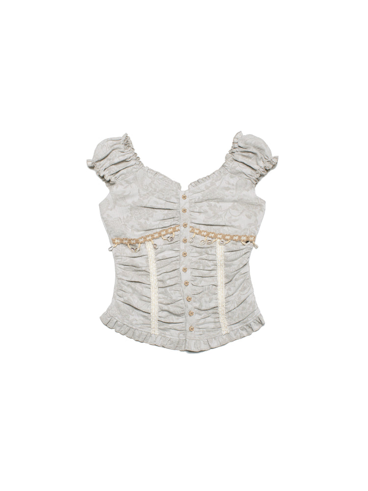 4RE1GN SHELL jacquard blouse and lace skirt separates in ivory — front garment-only view of the button-front blouse
