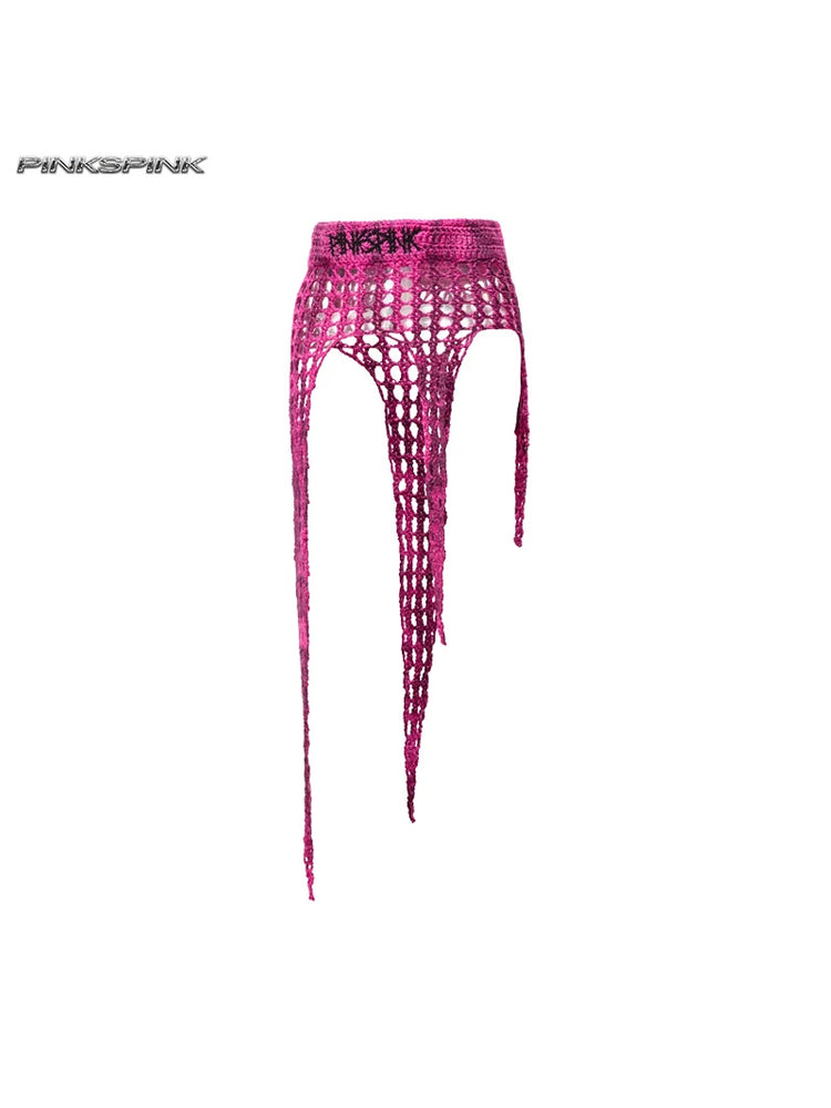 PINKSPINK THORNSTAR open-knit layering skirt — hot-pink open-knit layering skirt with hanging strips, front product view