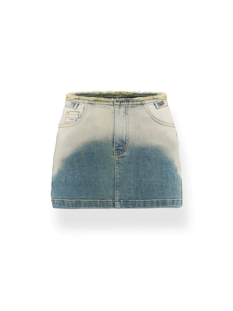 NAWS ECLIPSE gradient denim mini skirt — Spectrum Blue gradient denim mini skirt, front product view