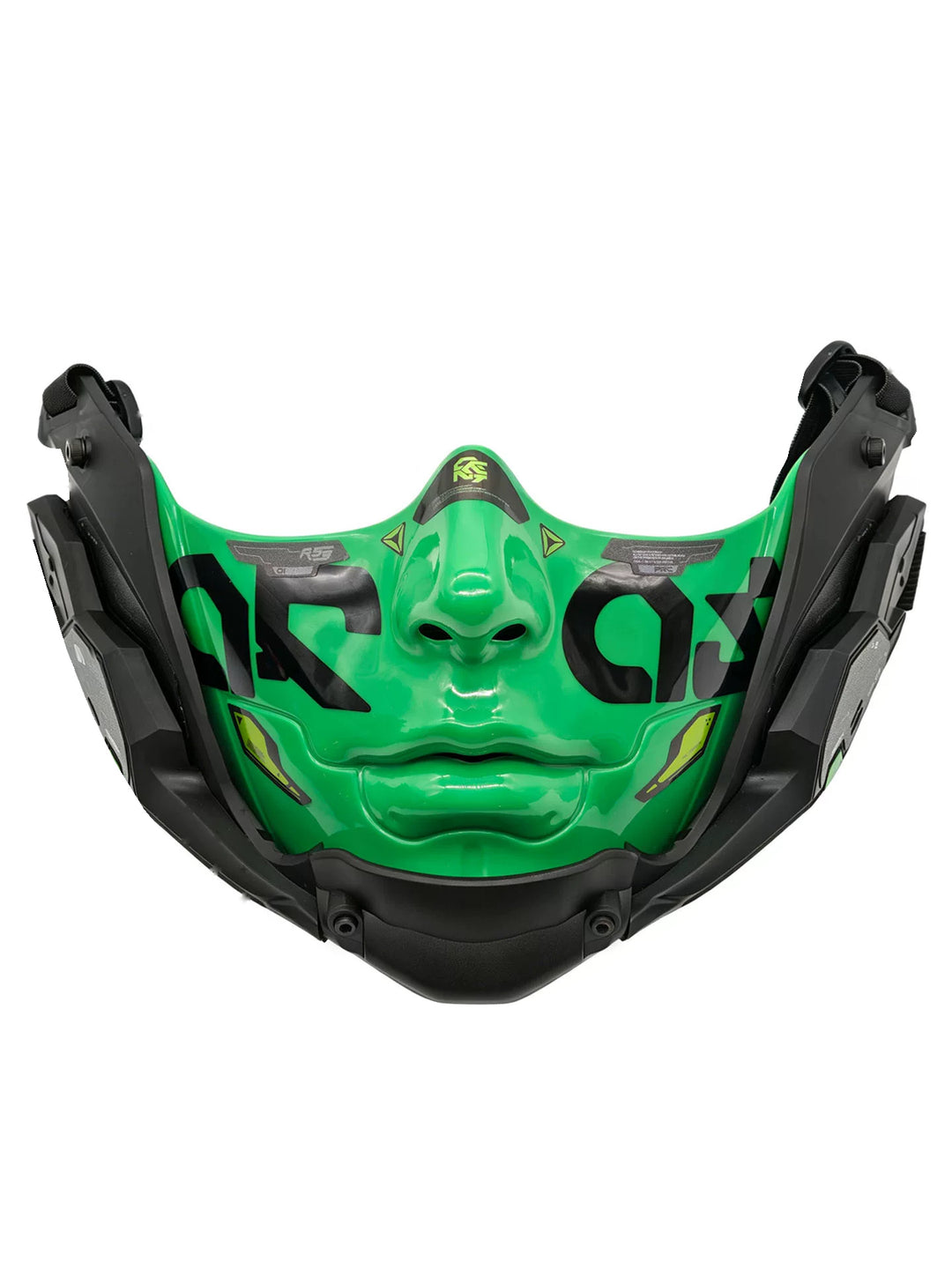 FOCKSHOP smooth-chin mask — large mint green solo front view with rounded chin and broad strap.